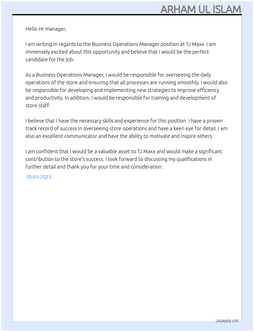 Business Operations Manager At TJ Maxx Cover Letter