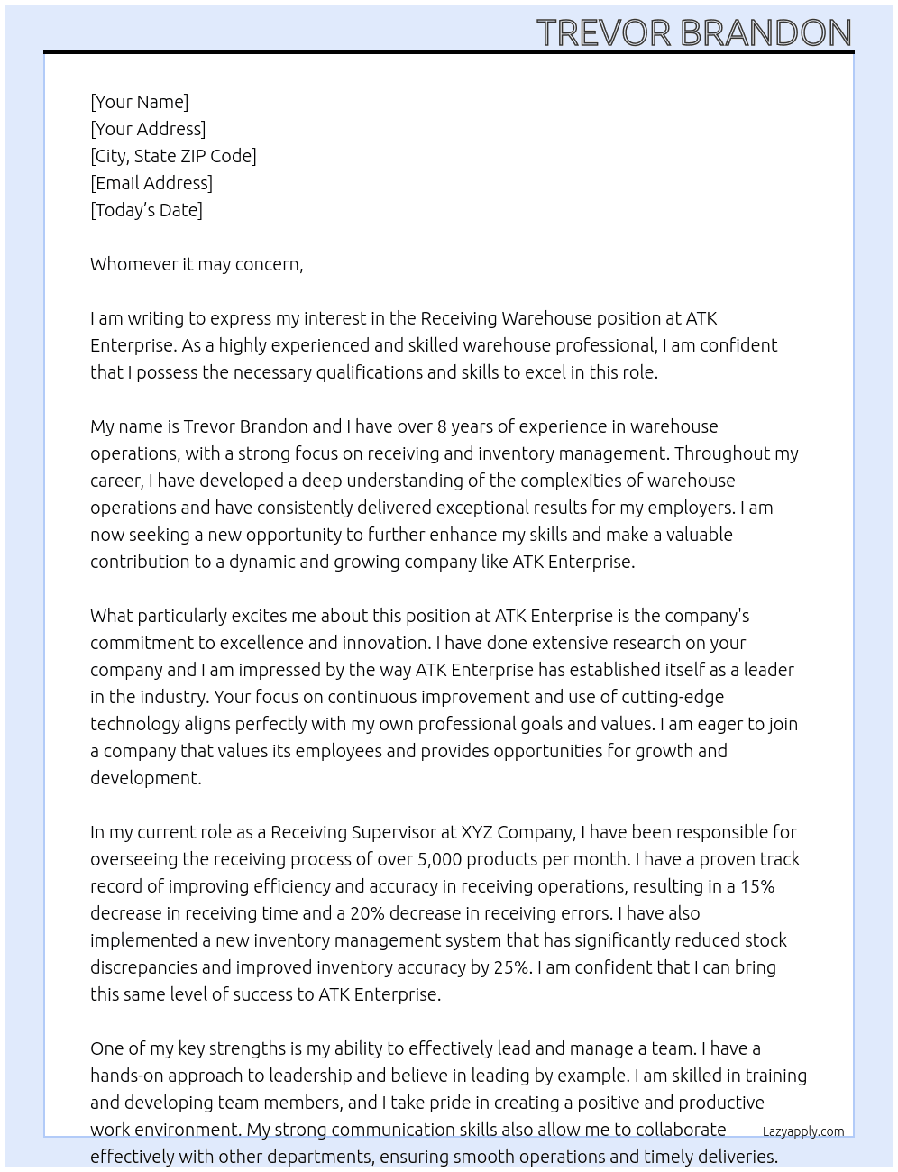 Receiving Warehouse At ATK Enterprise Cover Letter