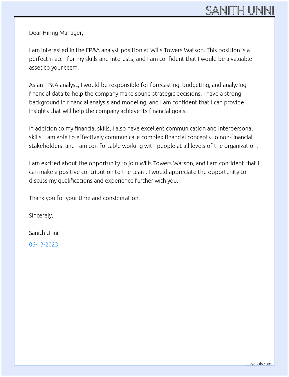 FP&A analyst At Wills Towers Watson Cover Letter
