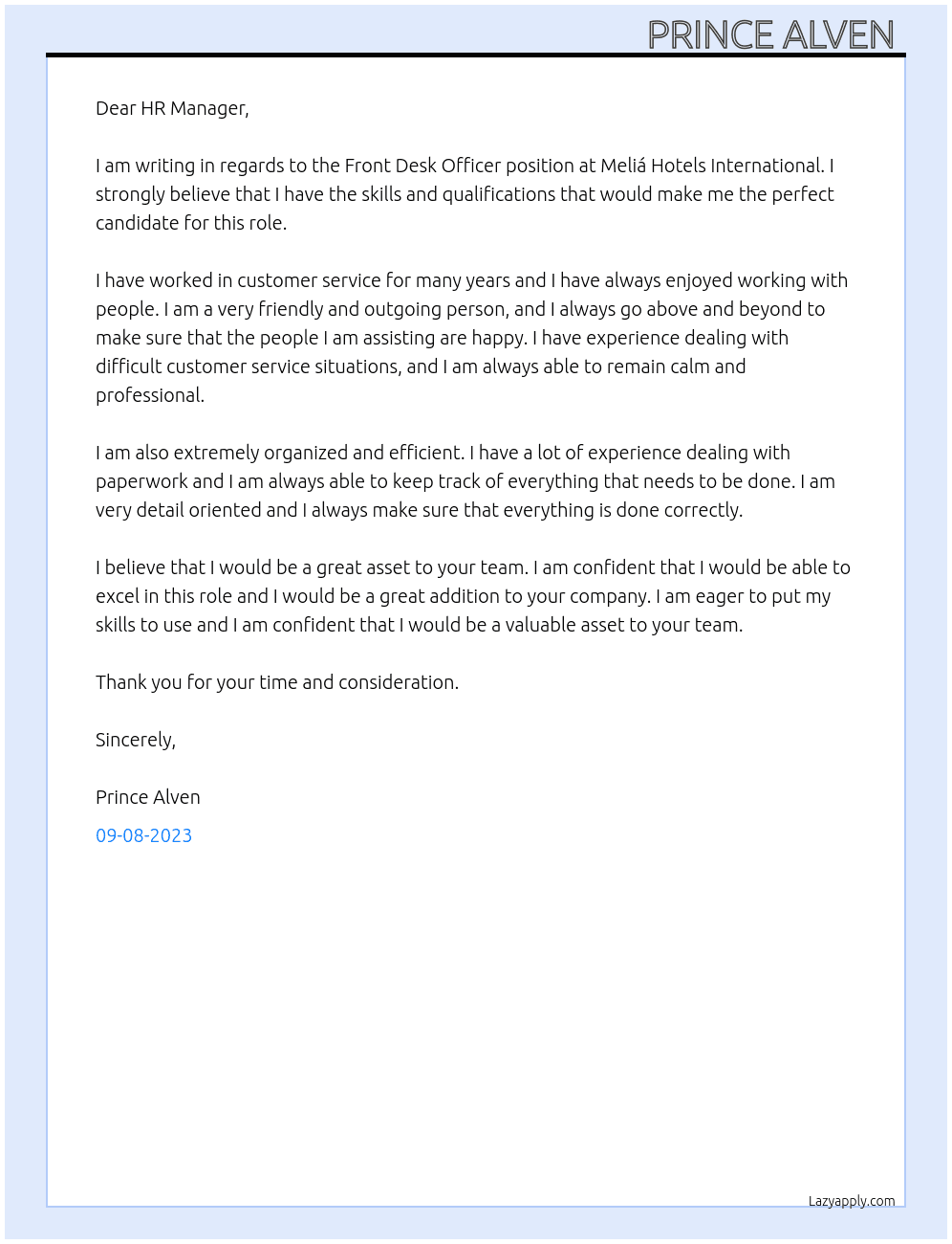Front Desk Officer  At Meliá Hotels International Cover Letter
