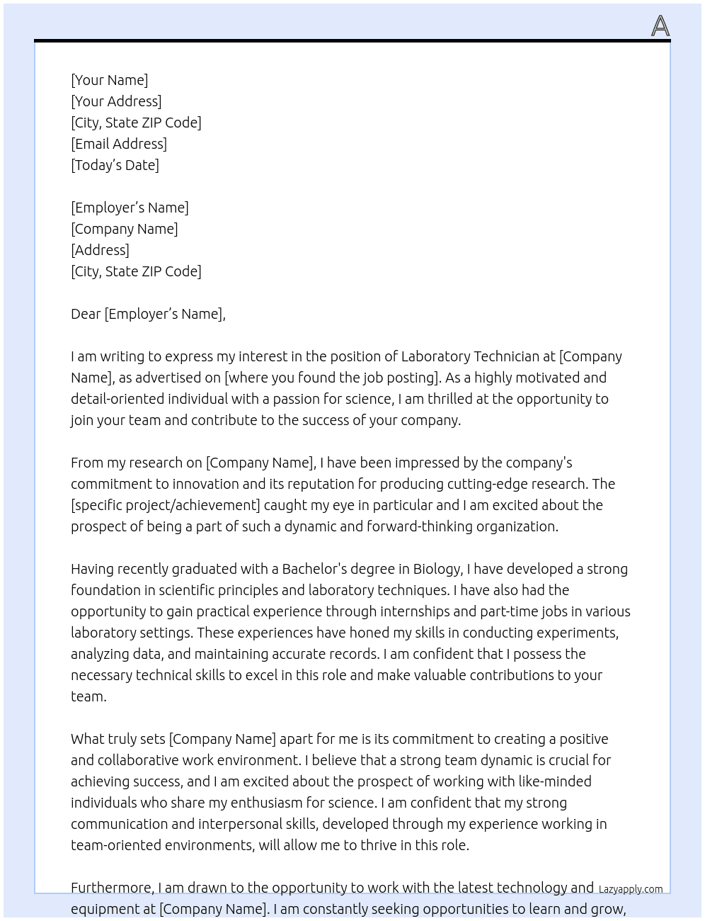 laboratory technician At B Cover Letter