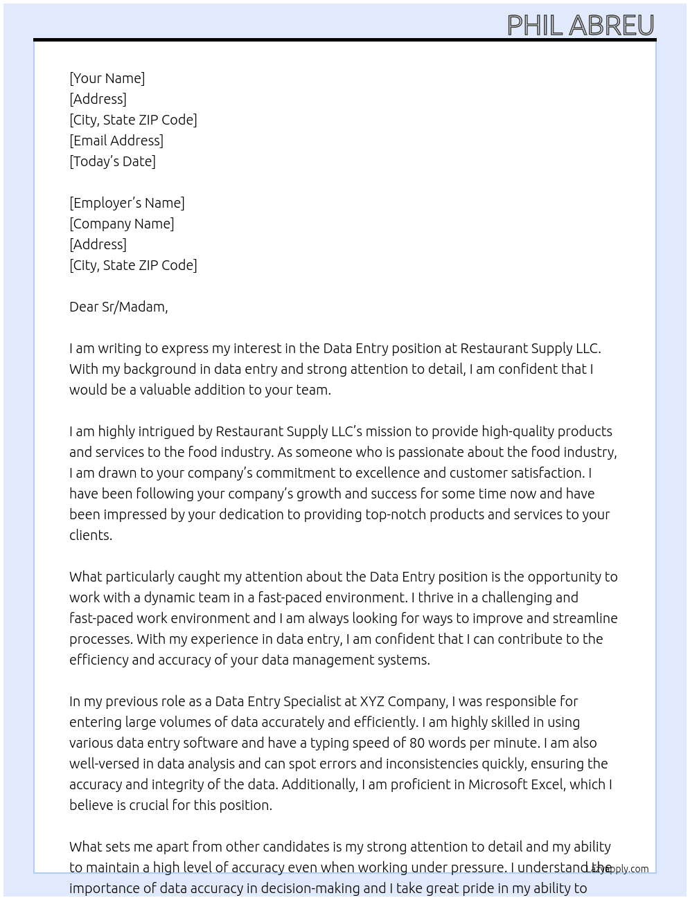 Data Entry At Restaurant Supply LLC Cover Letter