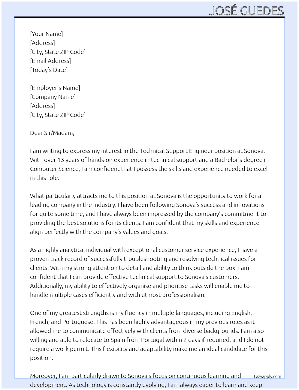 Technical Support Engineer At Sonova Cover Letter