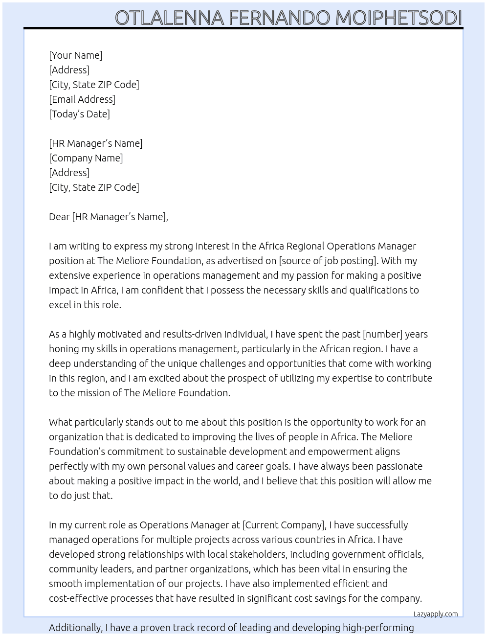 Africa Regional Operations Manager At The Meliore Foundation Cover Letter