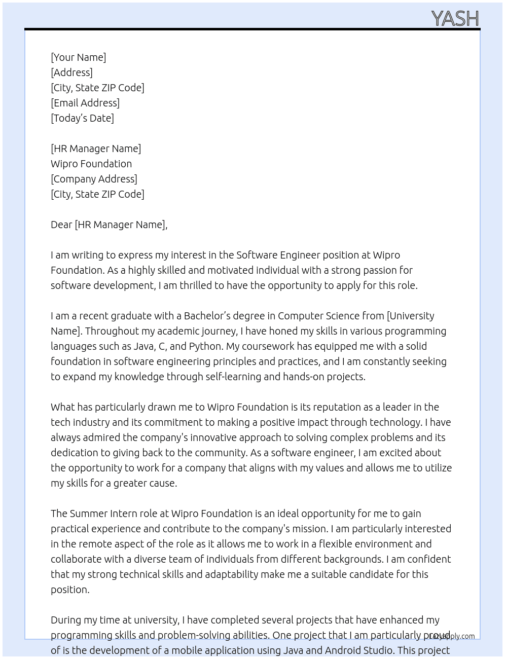 Software engineer At Wipro foundation Cover Letter