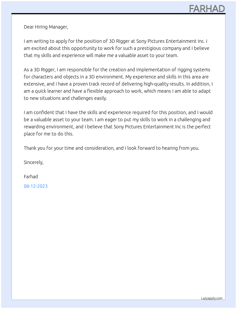 Cover letter for 3d rigger - LazyApply