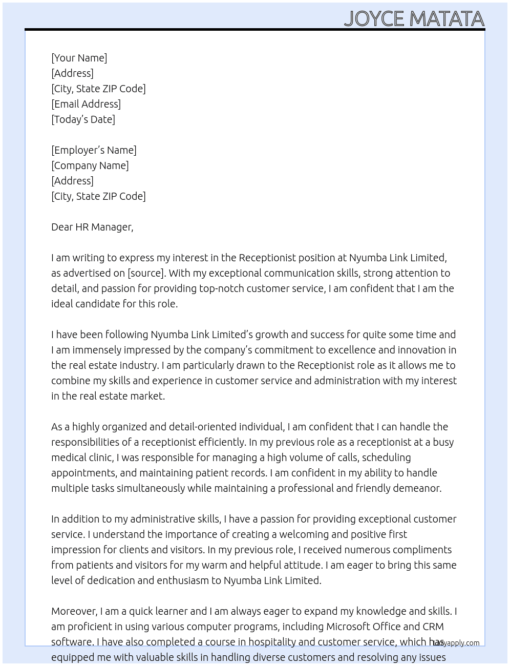 Receptionist  At Nyumba link limited Cover Letter
