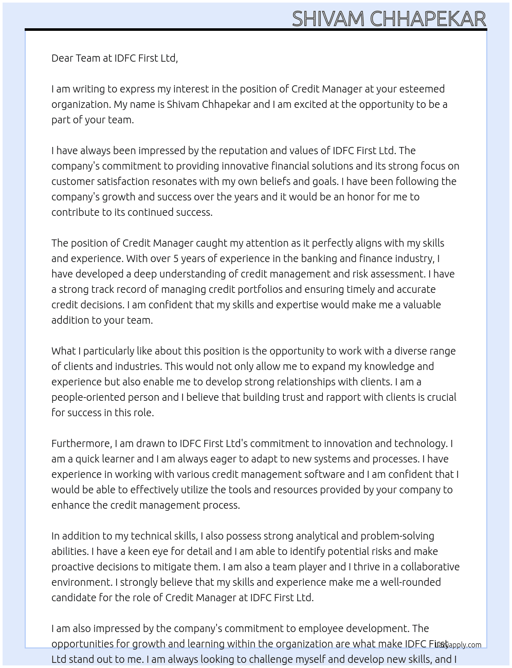 credit manager  At idfc first ltd Cover Letter