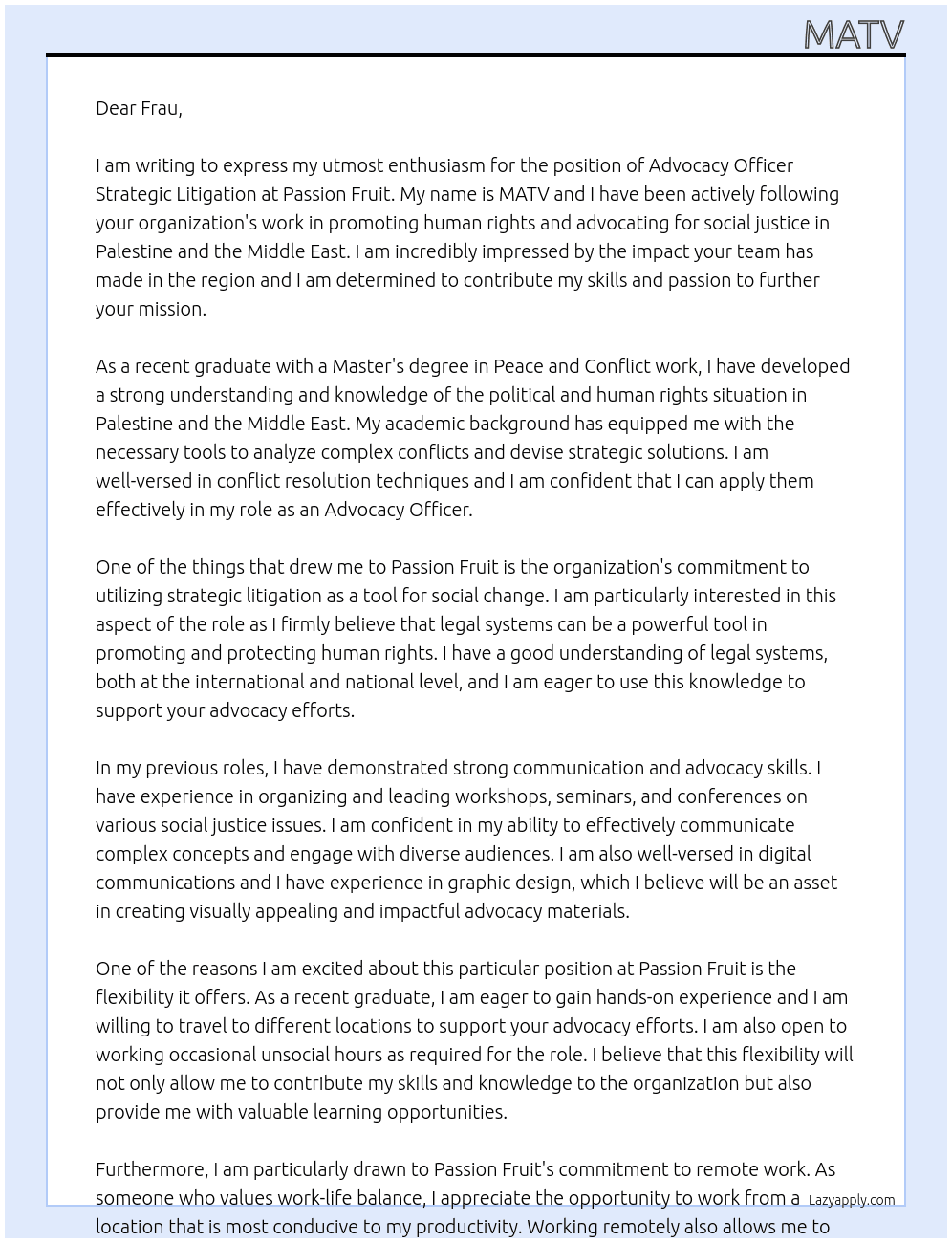 ‘Advocacy Officer Strategic Litigation’ At Passion Fruit Cover Letter