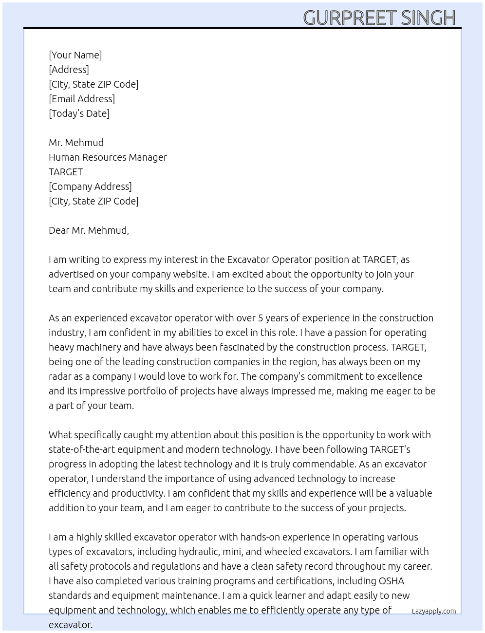 Excavator operator  At TARGET  Cover Letter
