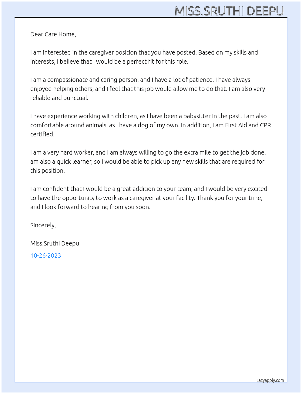 Caregiver  At Care home  Cover Letter