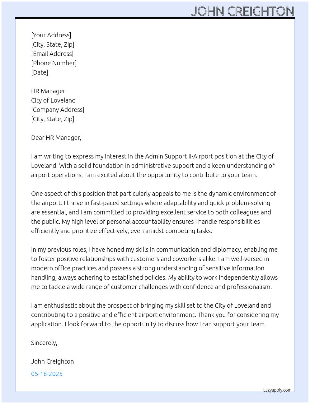 Admin Support II-Airport At City of Loveland Cover Letter