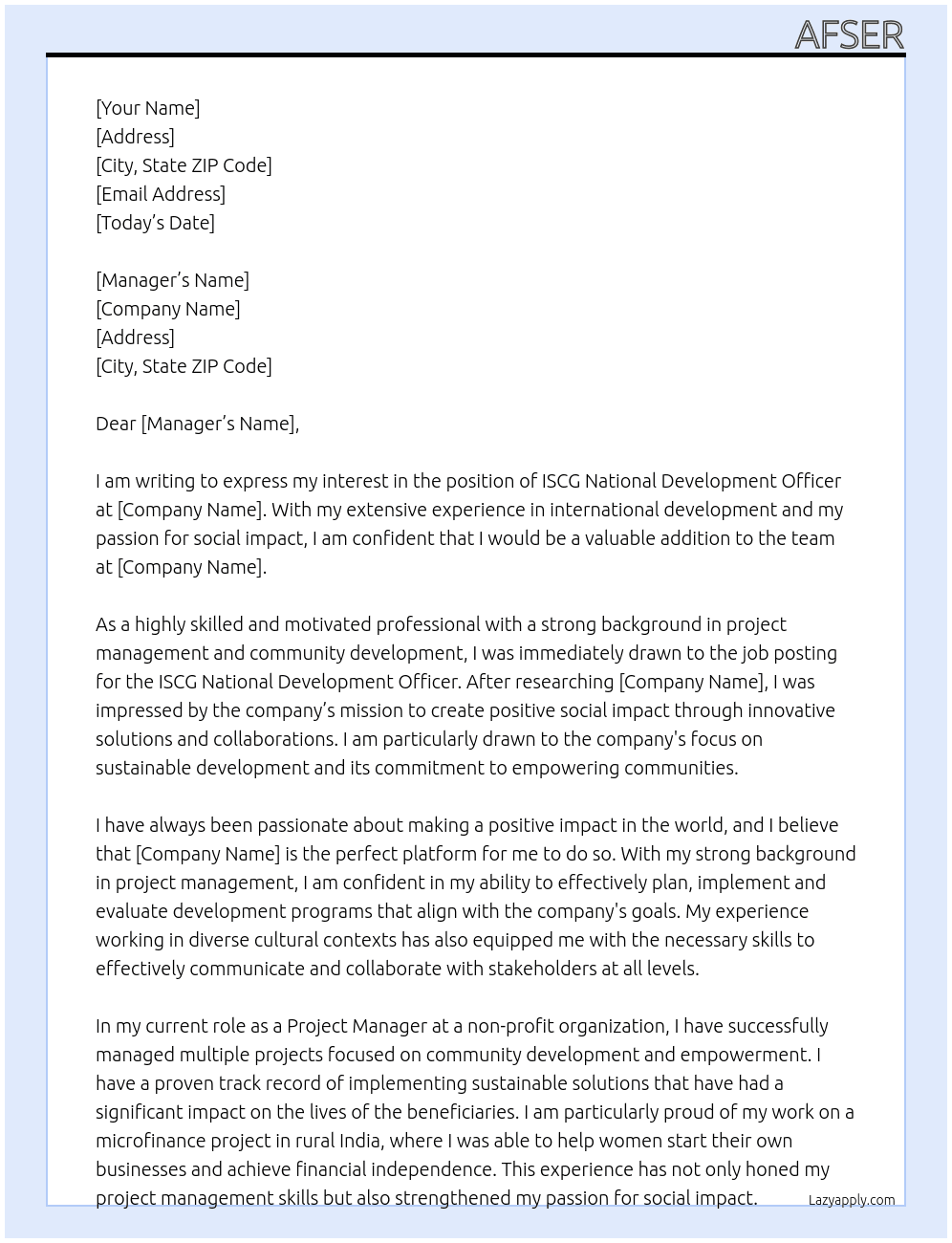 ISCG National Development Officer At Brace Cover Letter