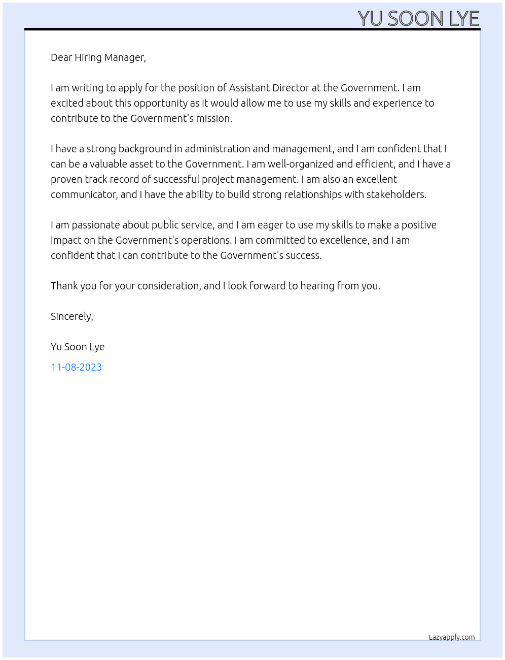 Assistant director At Government Cover Letter