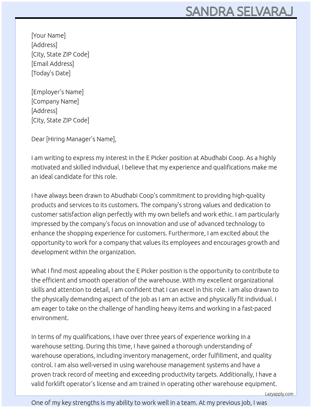 E picker  At Abudhabi coop Cover Letter