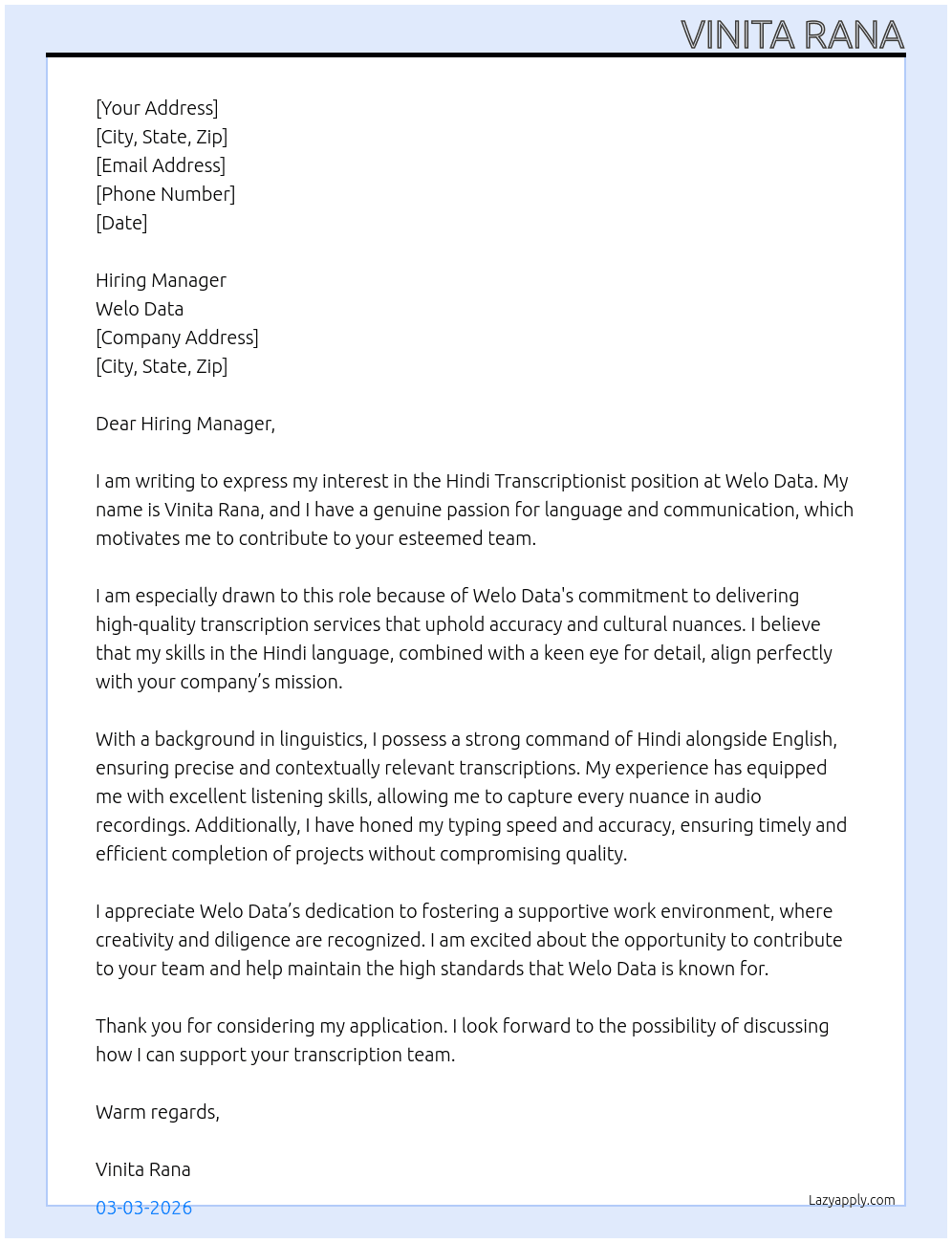 Hindi transcriptionist At welo data Cover Letter