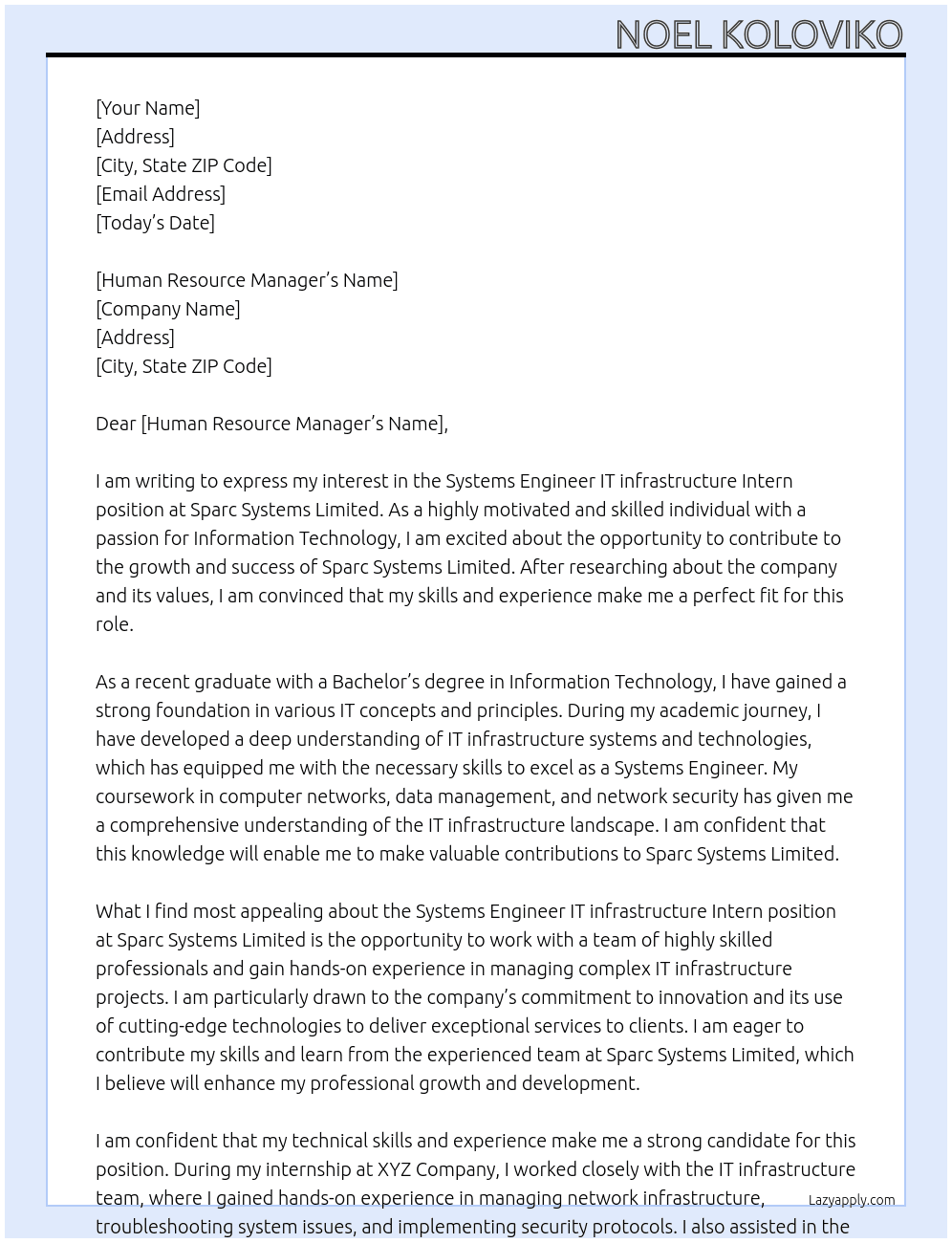 Systems Engineer IT infrastructure Intern At Sparc Systems Limited Cover Letter
