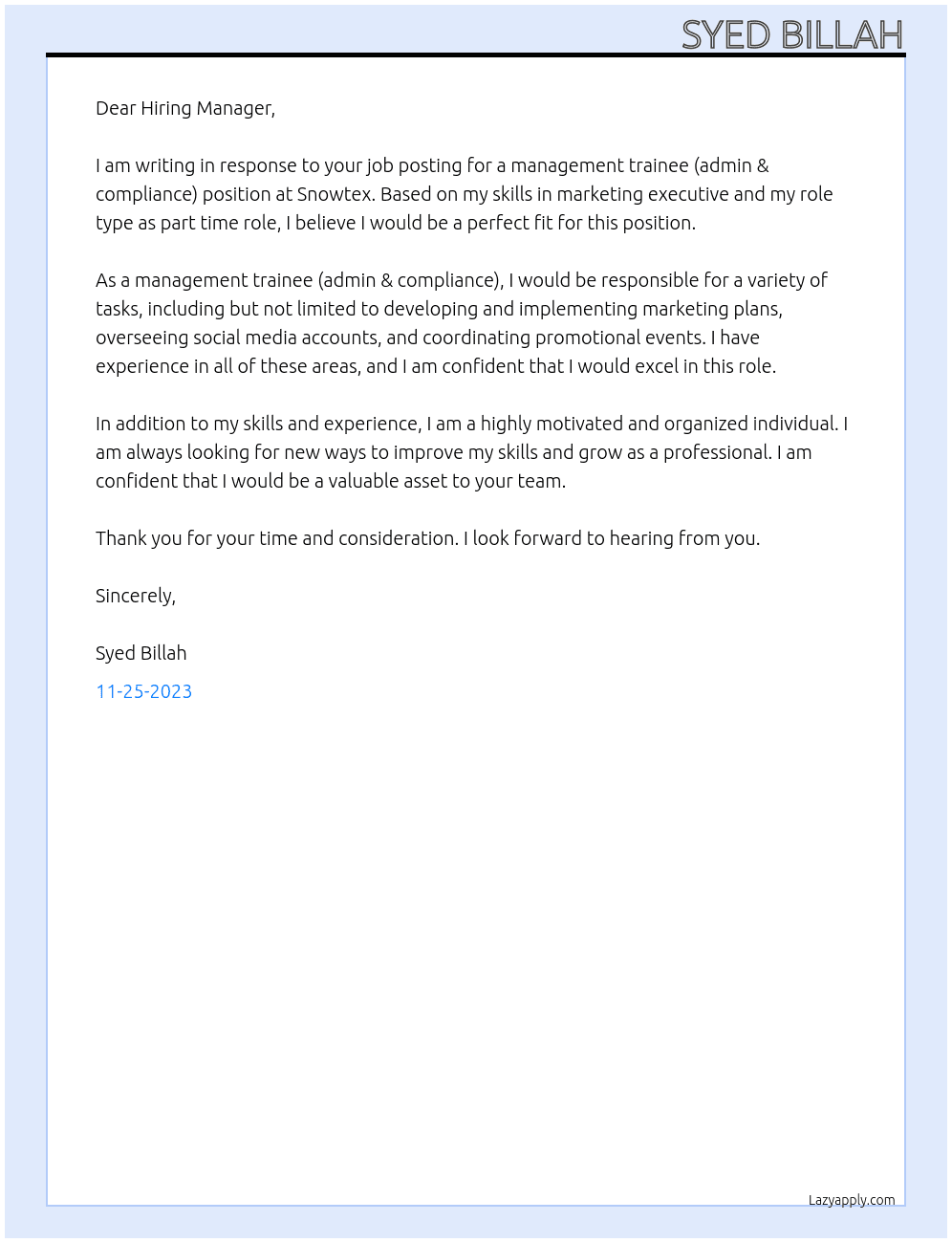 management Trainee (admin & compliance)  At SNOWTEX Cover Letter