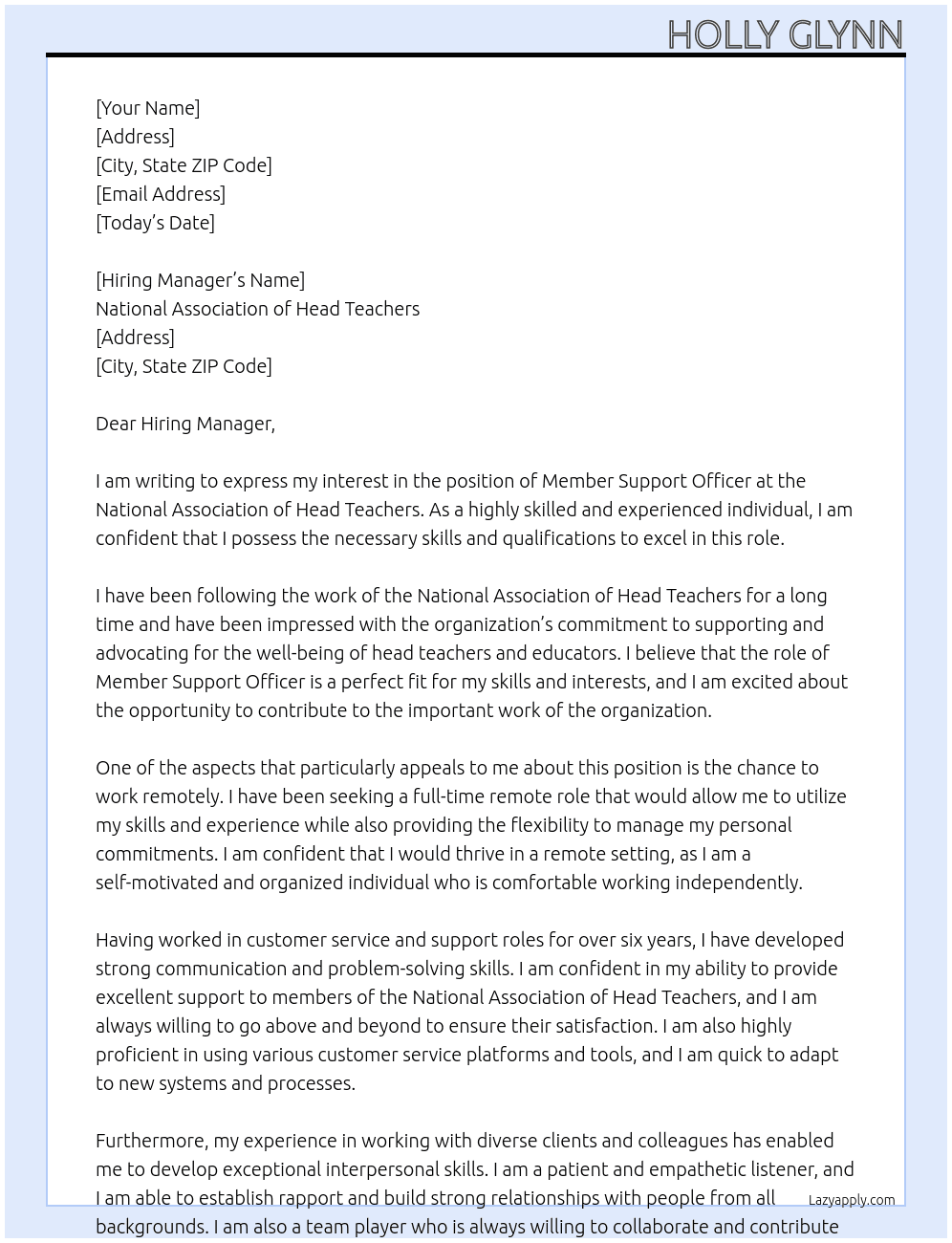 Member Support Officer At National Association of Head Teachers Cover Letter