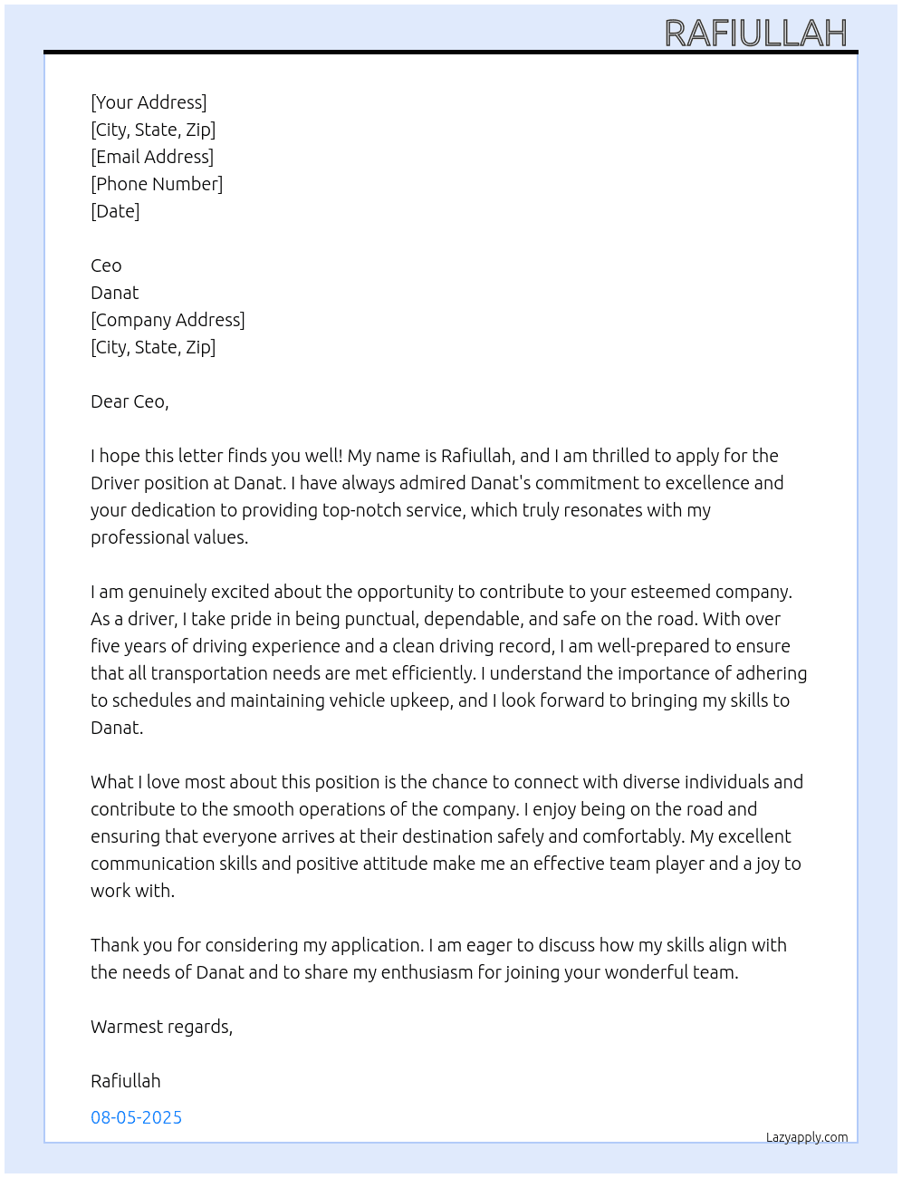 Driver  At Danat Cover Letter