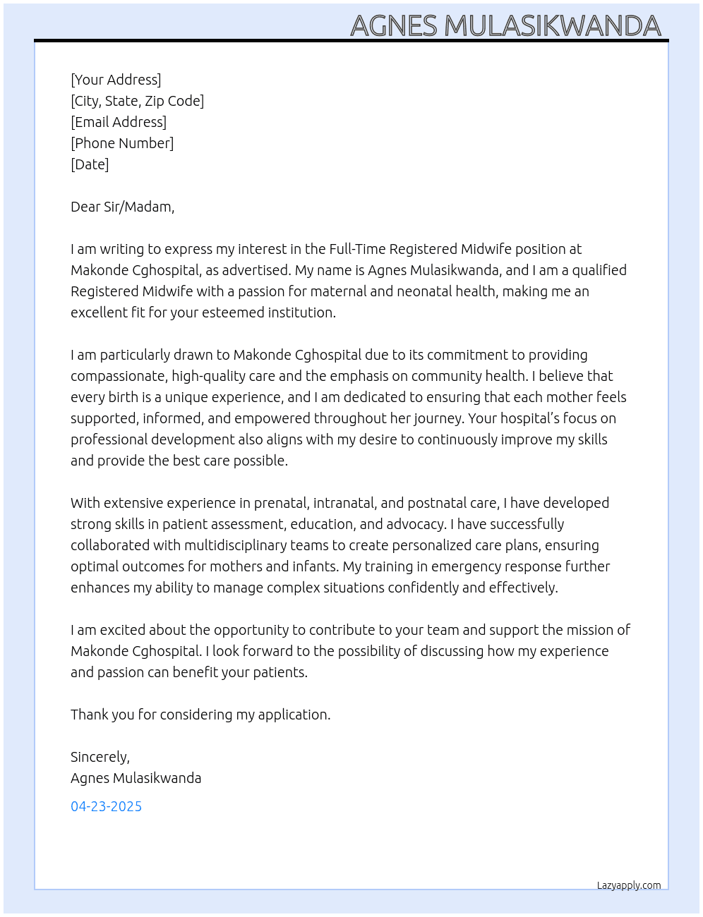 Registered midwife  At Makondecghospital Cover Letter