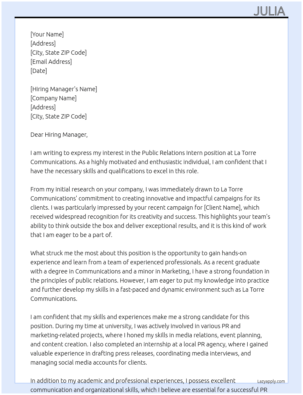 Public Relations Intern At La Torre Communications Cover Letter