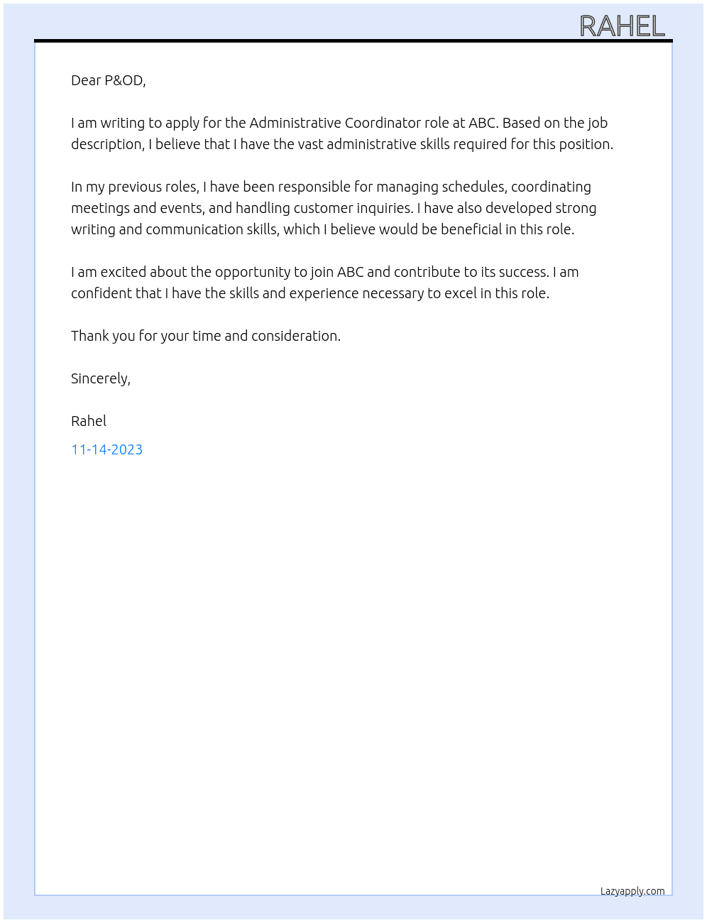 Administrative coordinator  At ABC Cover Letter