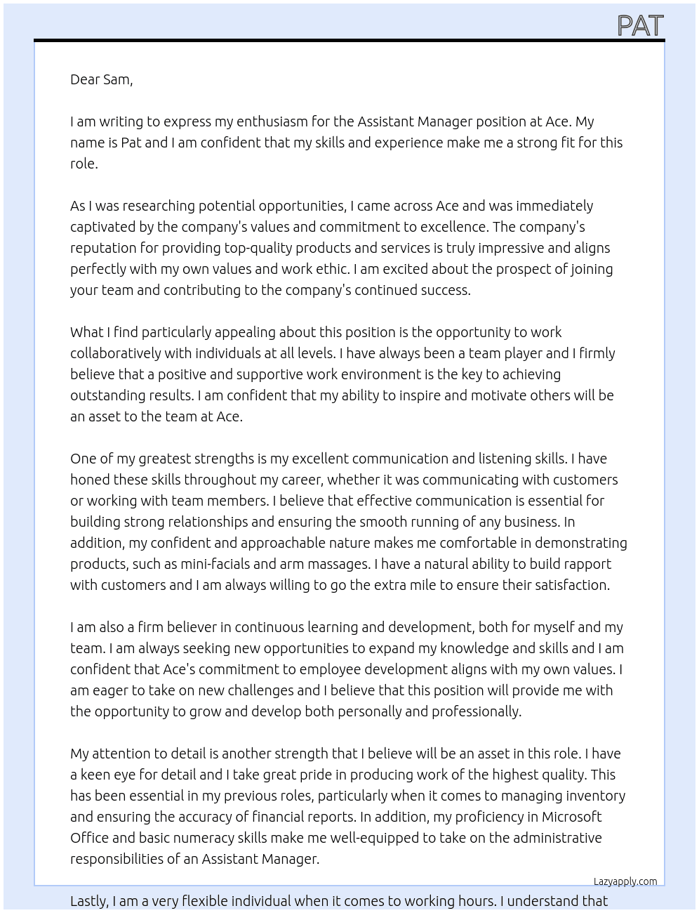 Assistant Manager  At Ace Cover Letter