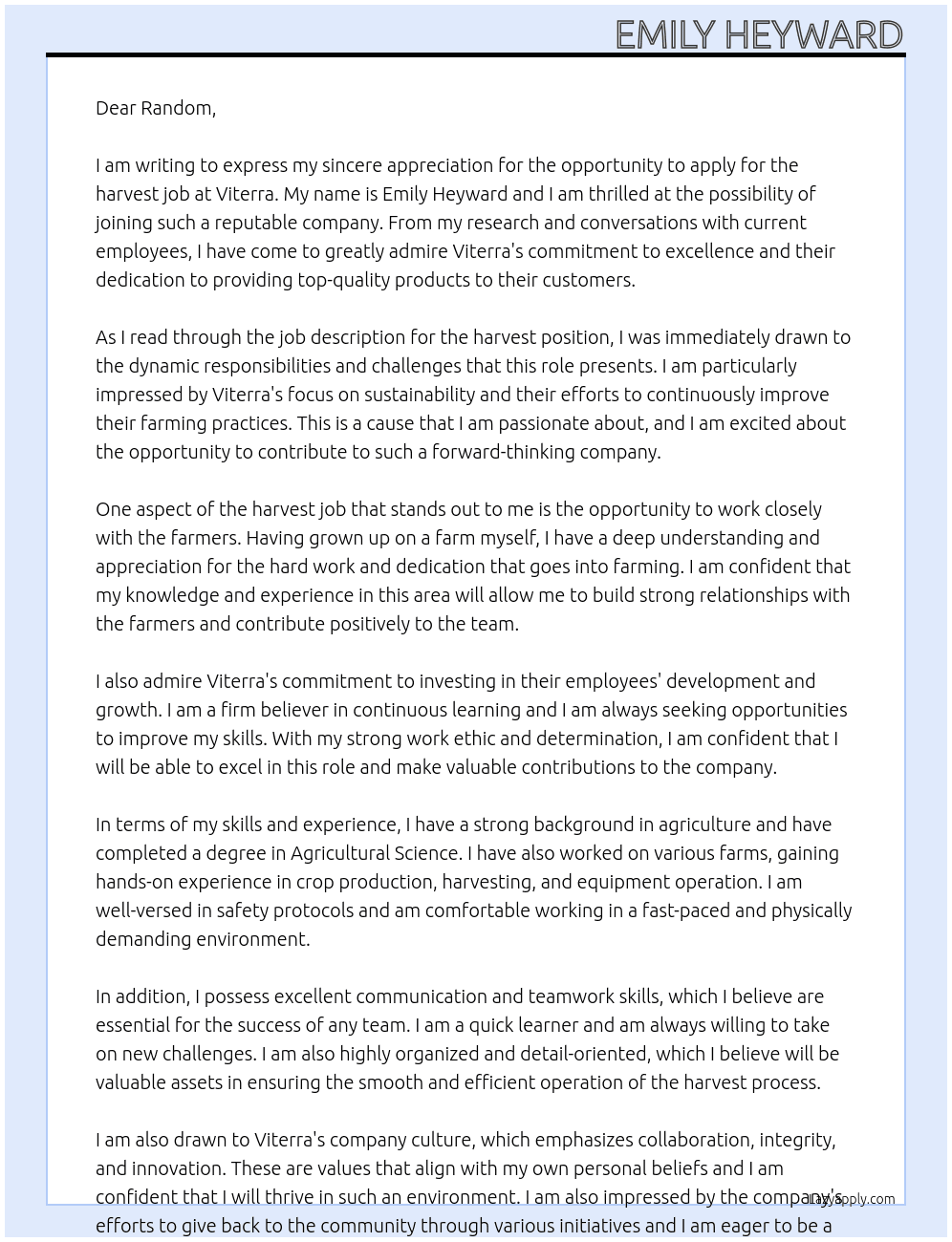 harvest job At Viterra Cover Letter