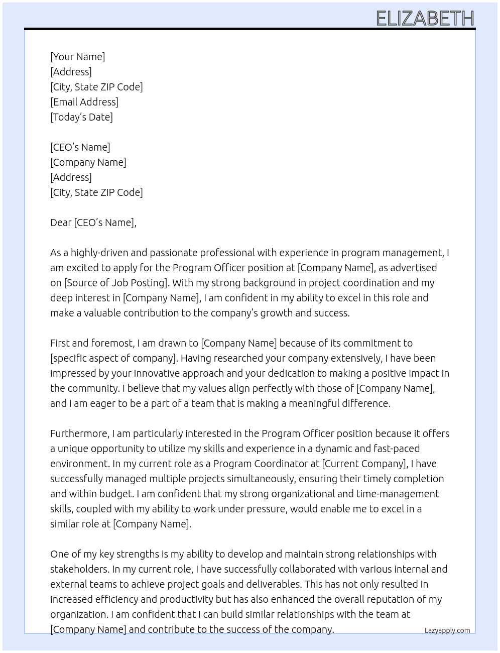 Program Officer  At Elizabeth Cover Letter