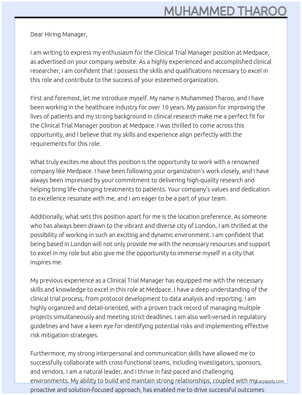 Clinical Trial Manager At Medpace Cover Letter