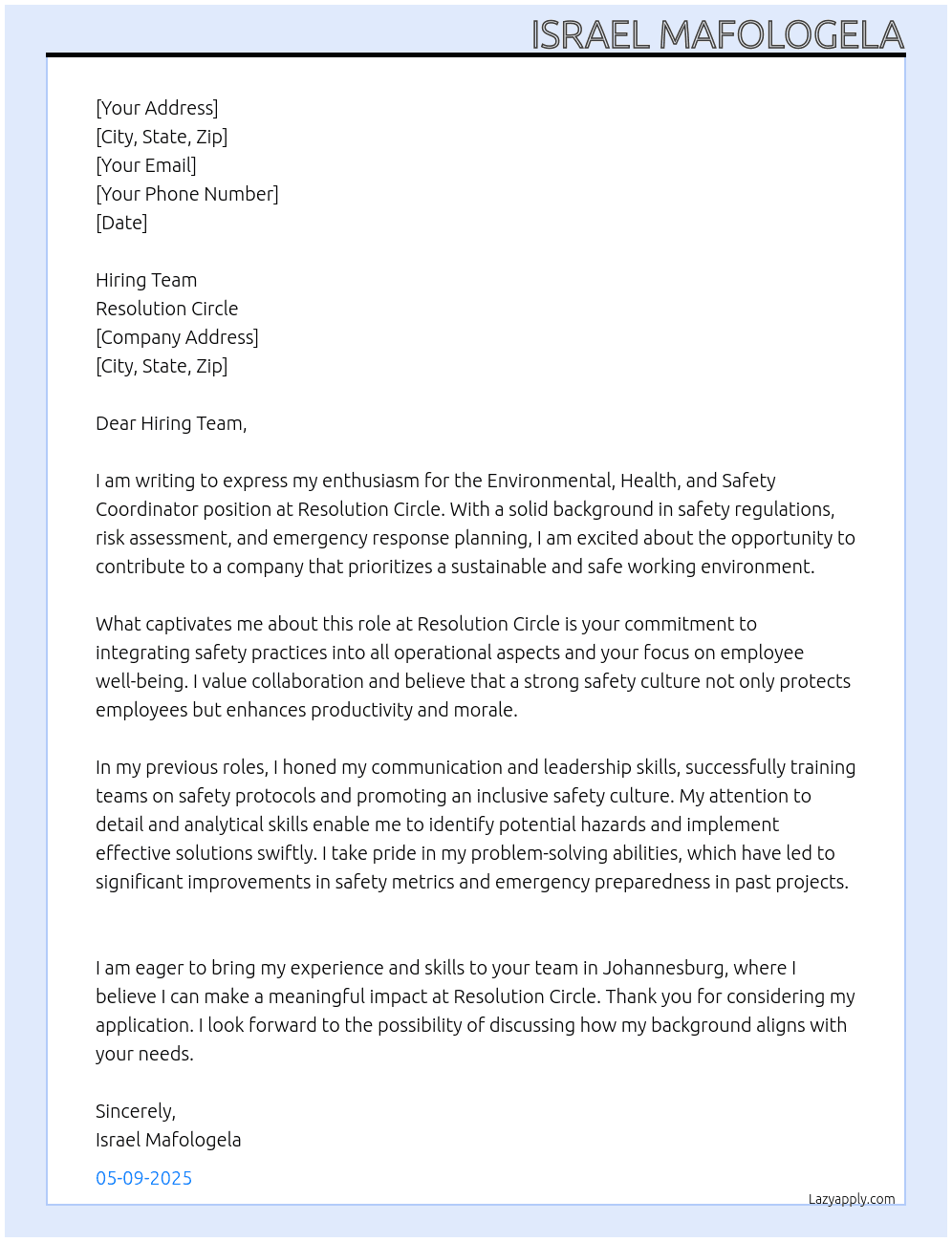 Environmental, Health and Safety Coordinator At Resolution Circle Cover Letter