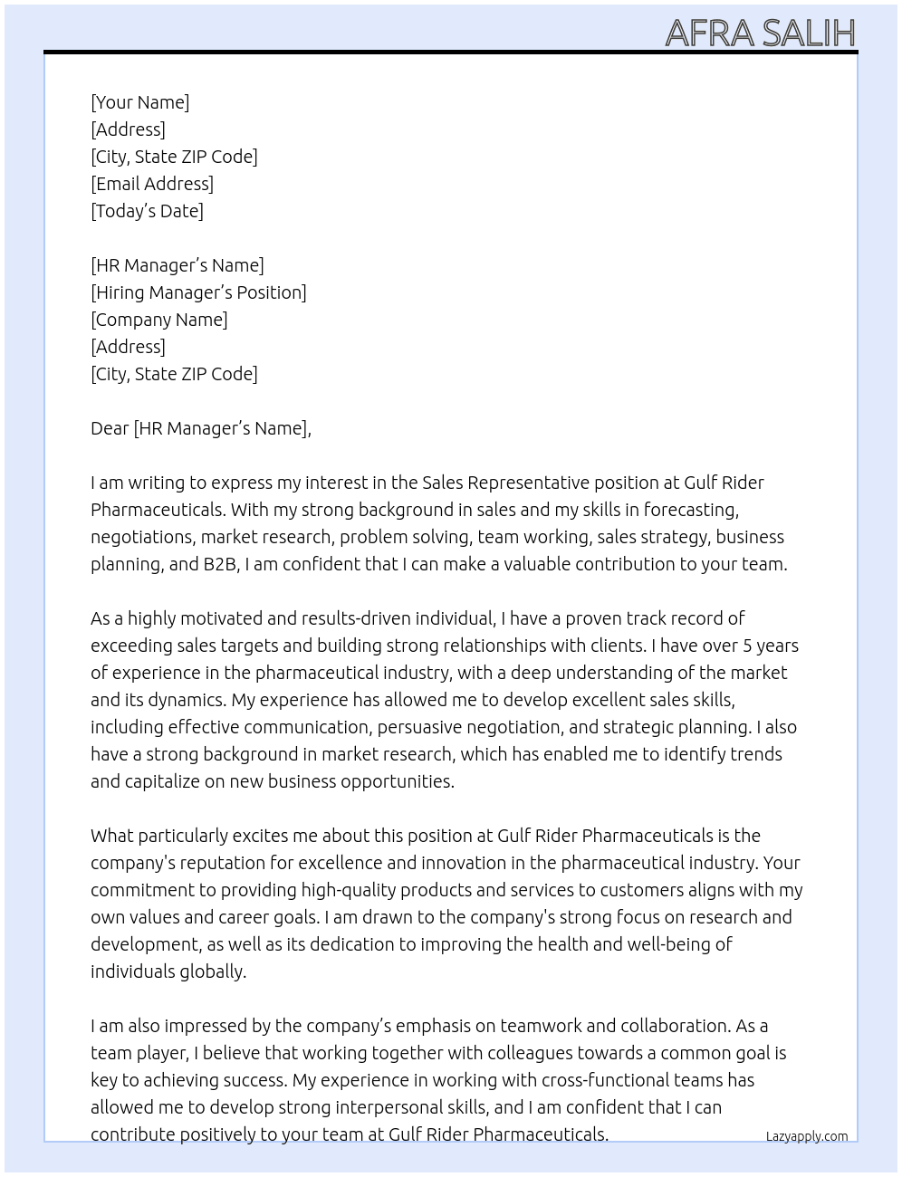Sales Representative  At Gulf Rider Pharmaceuticals  Cover Letter