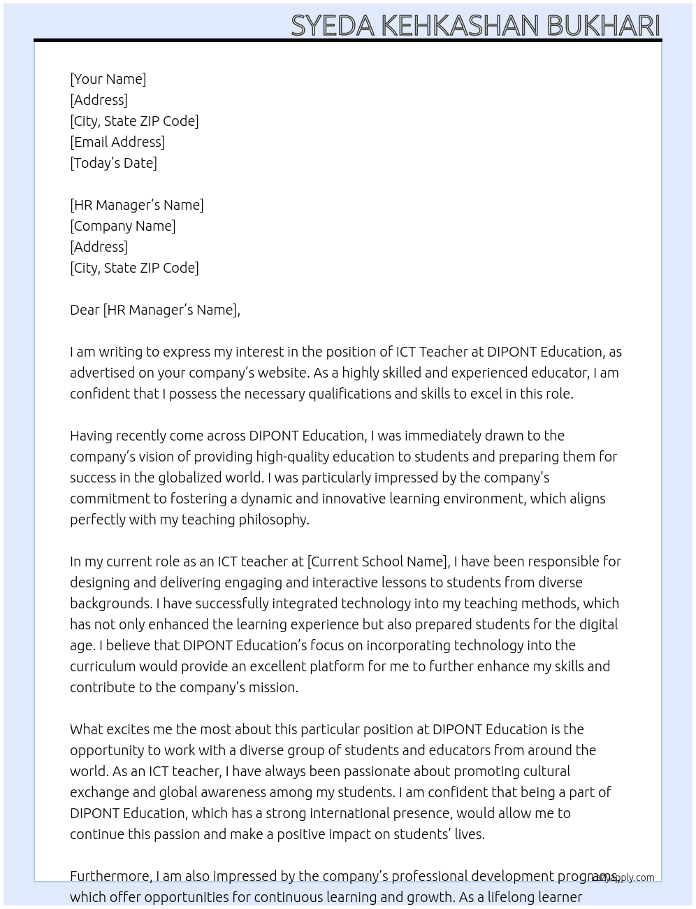 ICT teacher  At DIPONT Education  Cover Letter