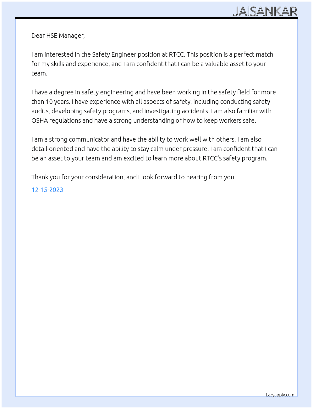 Safety Engineer At RTCC Cover Letter