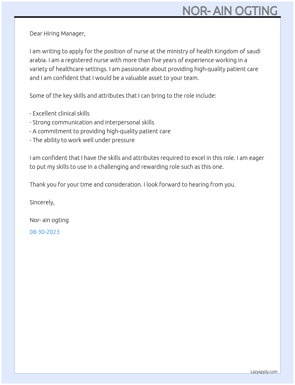 nurse  At ministry of health Kingdom of  saudi arabia  Cover Letter