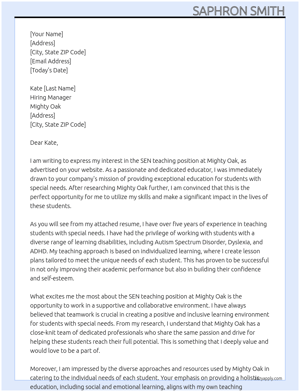 SEN teaching At mighty oak Cover Letter