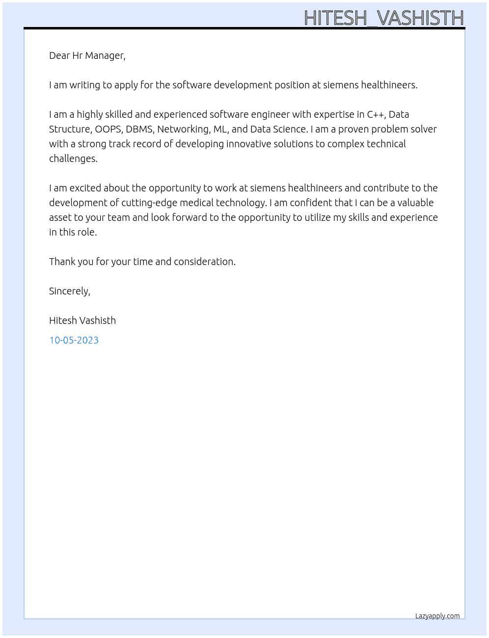 software development At siemens healthineers Cover Letter