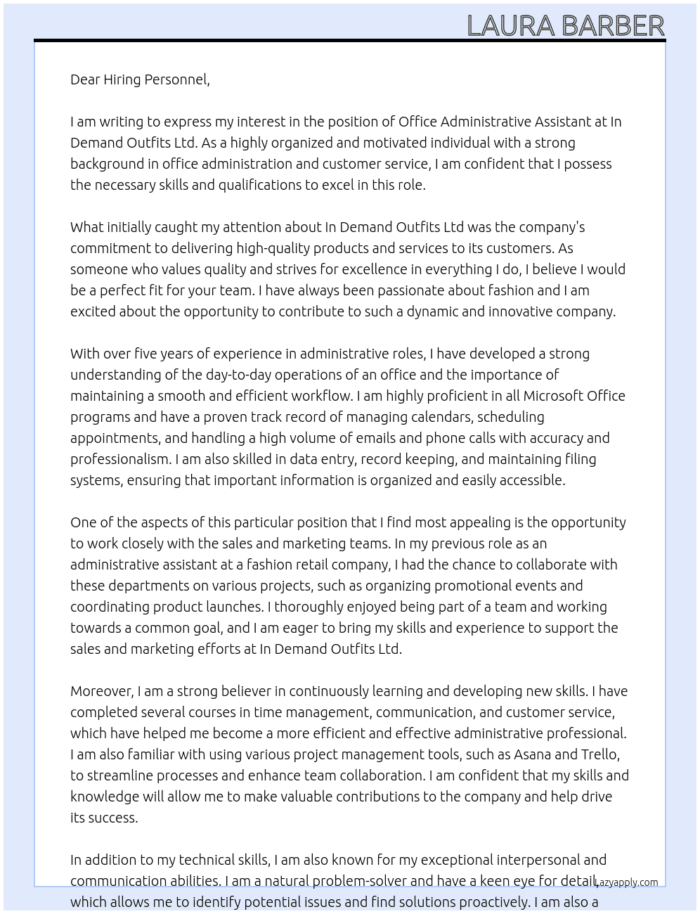 Office Administrative Assistant  At In Demand Outfits Ltd Cover Letter