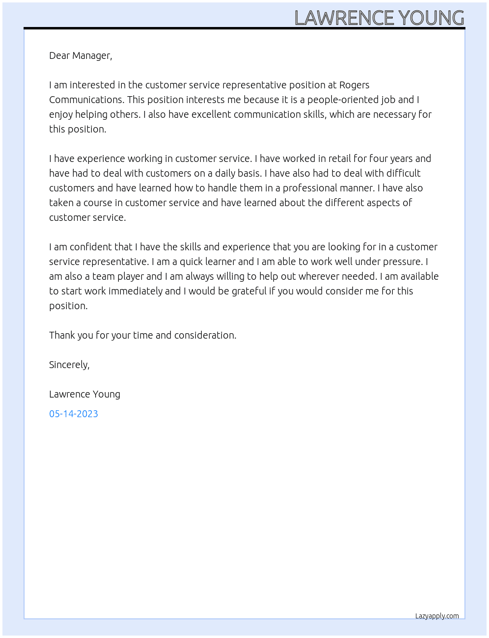 Customer Service Representative  At Rogers communications  Cover Letter