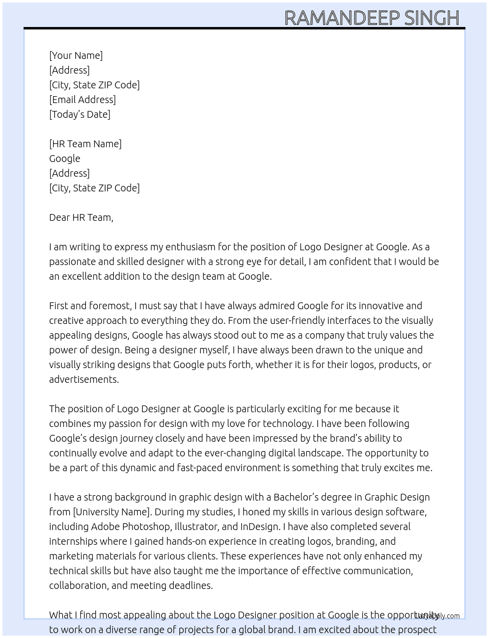 Logo Designer  At Google Cover Letter