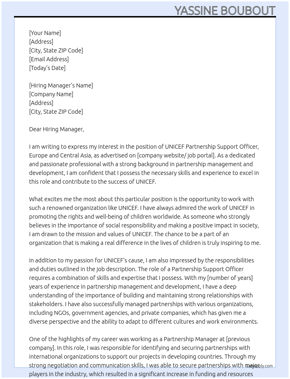 Cover letter for unicef partnership support officer, europe and central asia - LazyApply