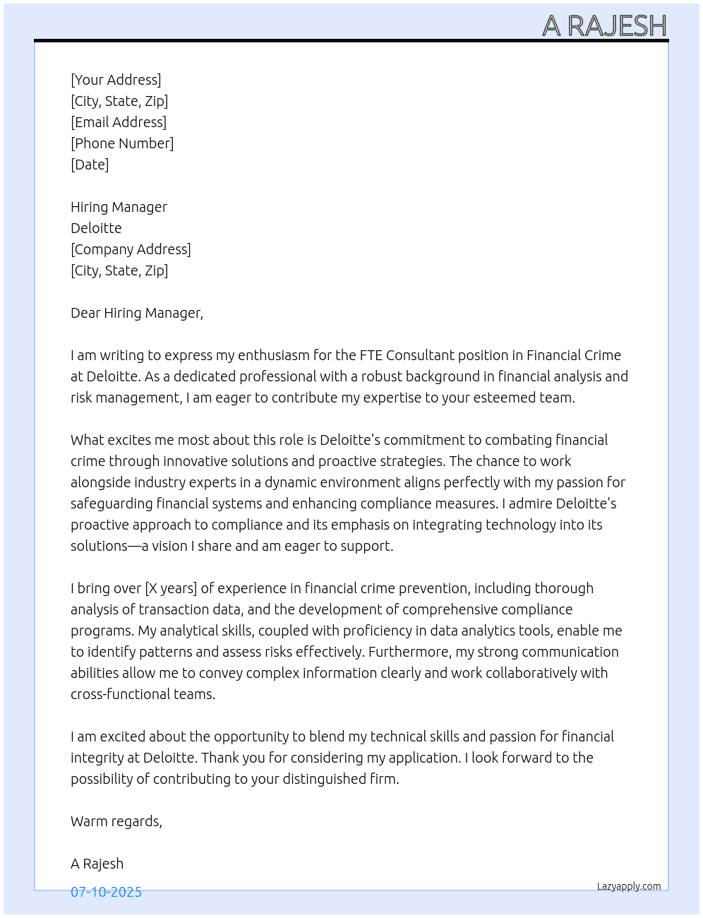 Cover letter for financial crime - fte- consultant - LazyApply