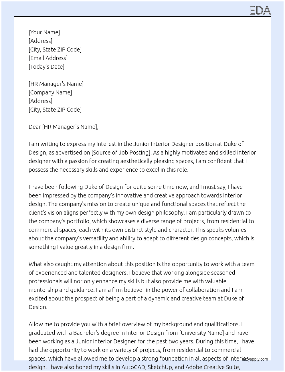 Junior Interior Designer At Duke of Design Cover Letter