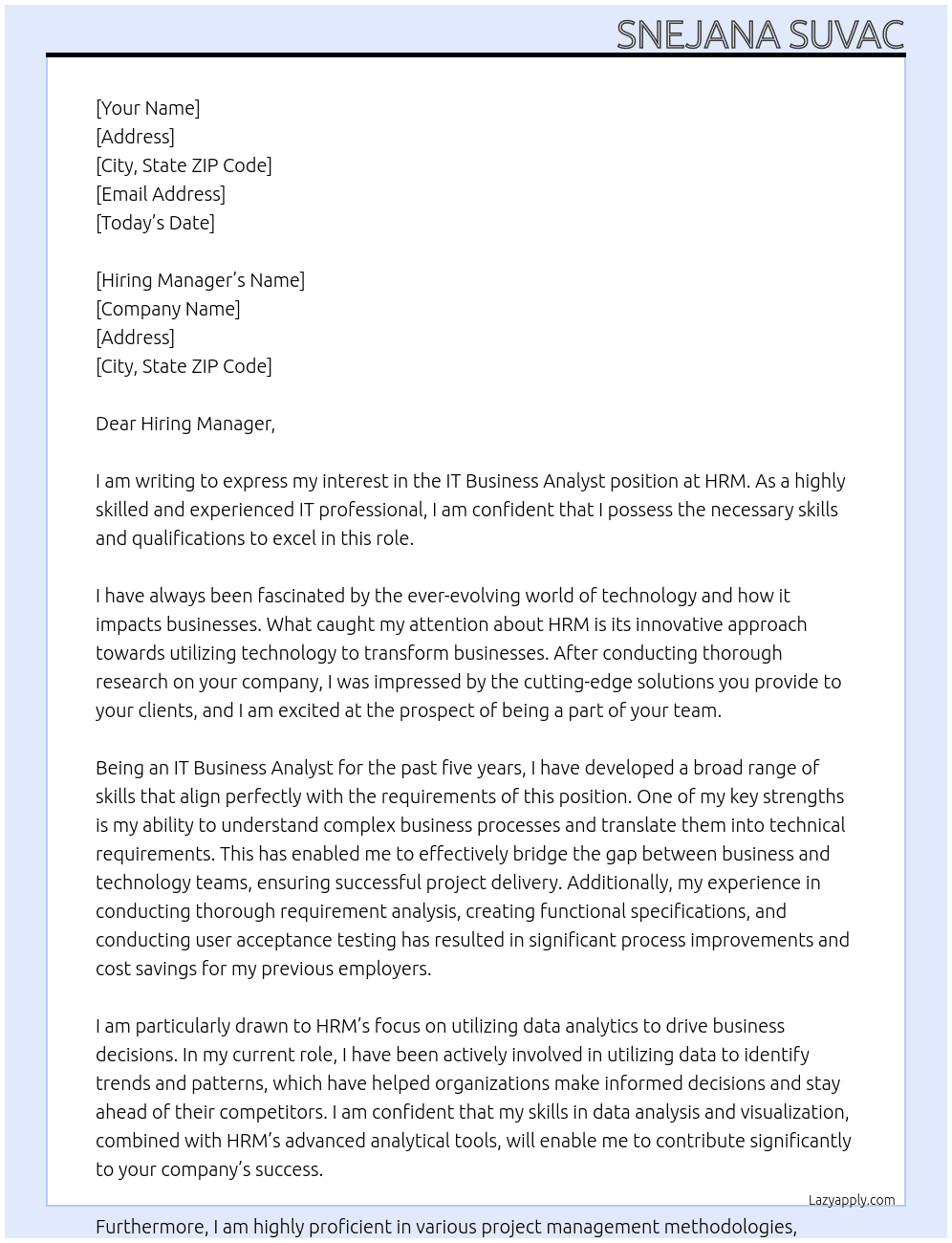 IT Business Analyst At HRM Cover Letter