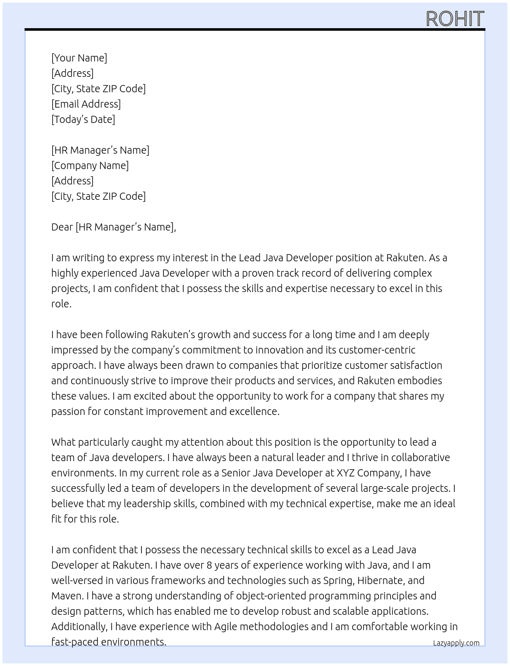 Lead Java Developer At Rakuten Cover Letter