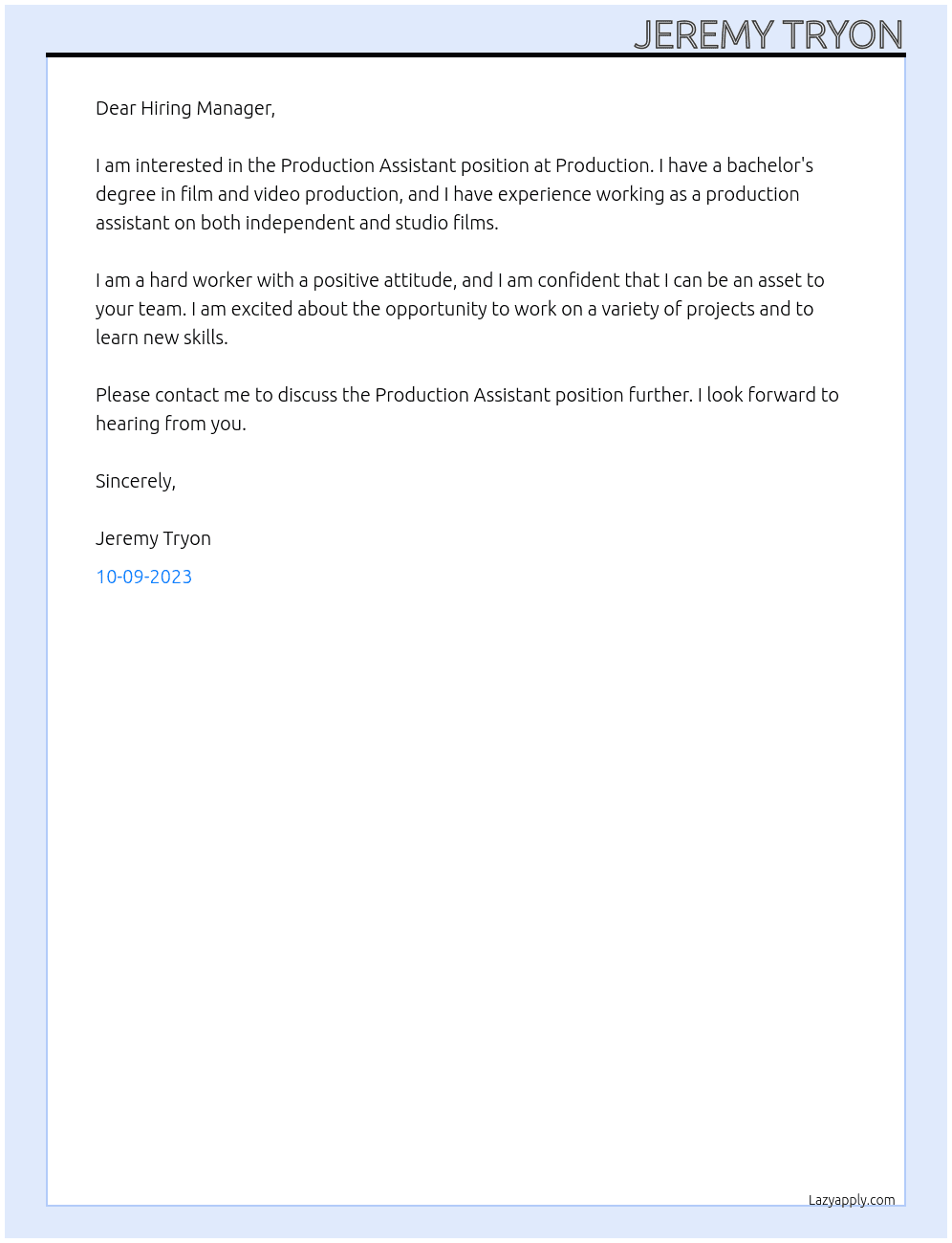 Production Assistant At Production Cover Letter