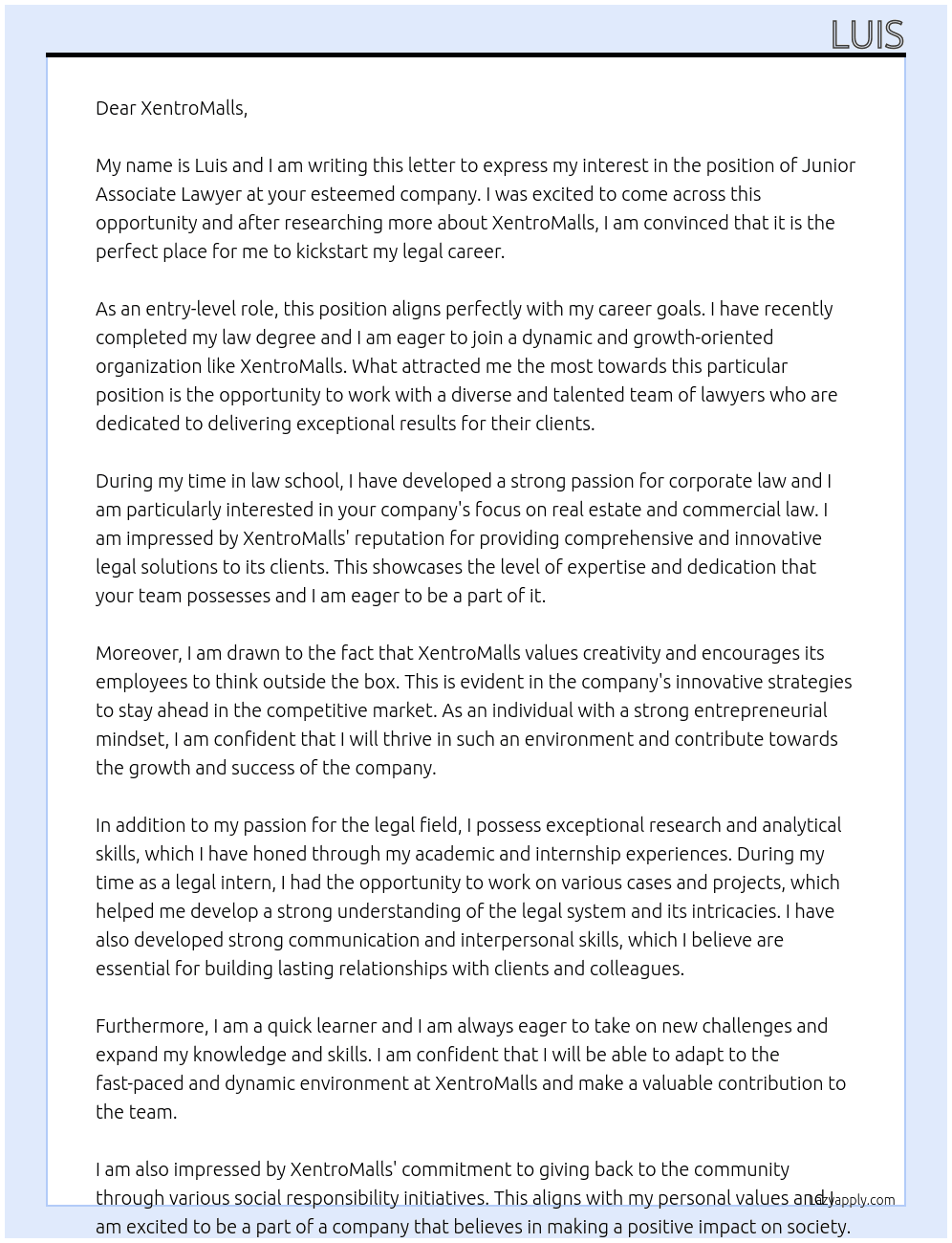 Junior associate lawyer At XentroMalls Cover Letter