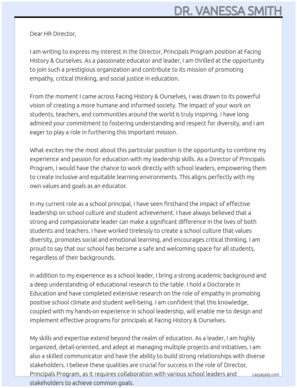 Director, Principals Program At Facing History & Ourselves Cover Letter