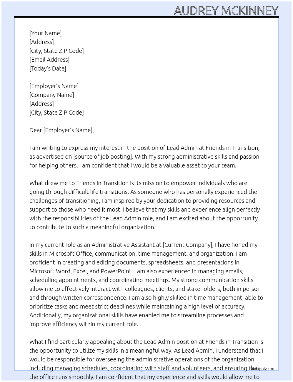 Lead Admin At Friends in Transition Cover Letter